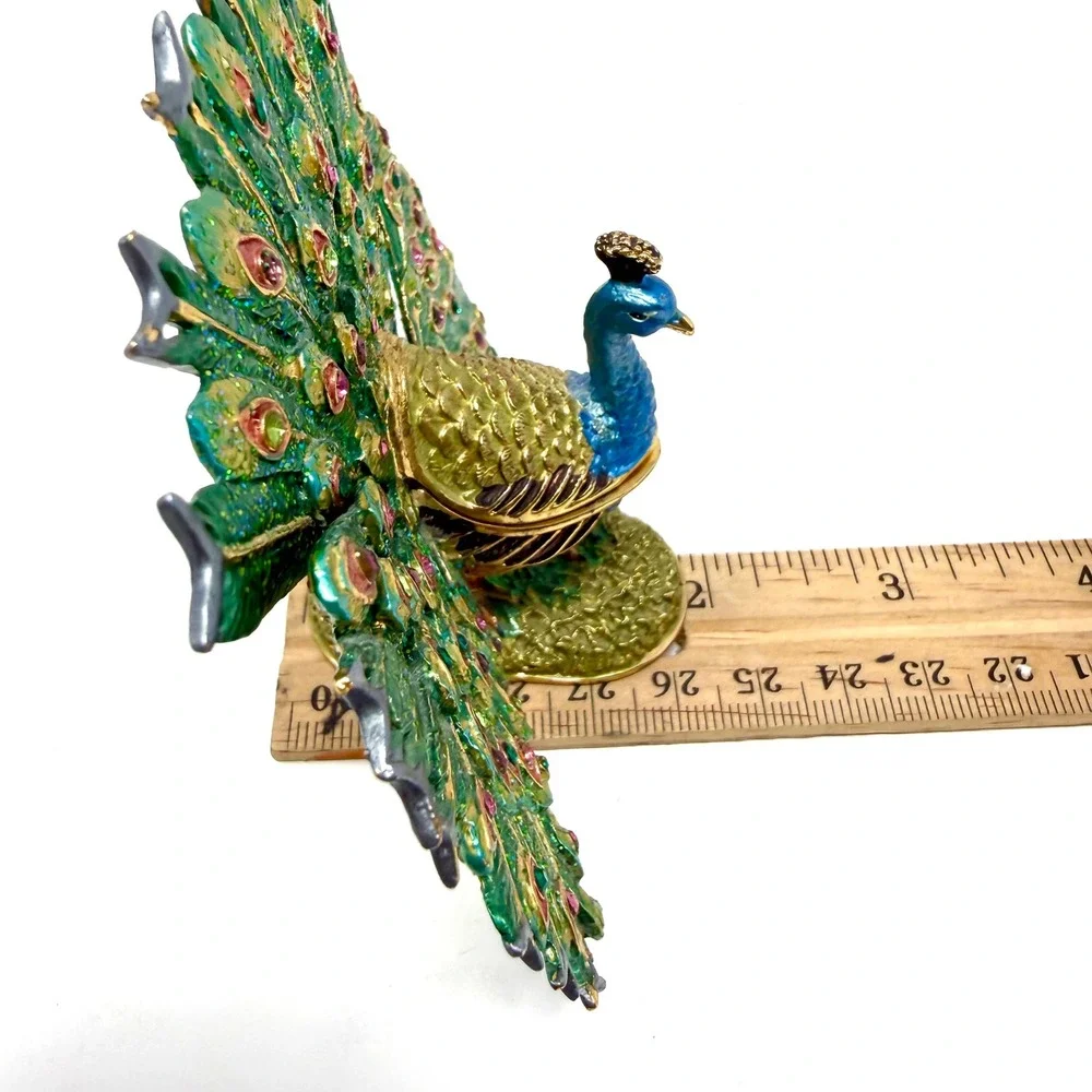 Peacock Trinket Box Enameled Rhinestone Bejeweled Jewelry Holder Green Gold VTG